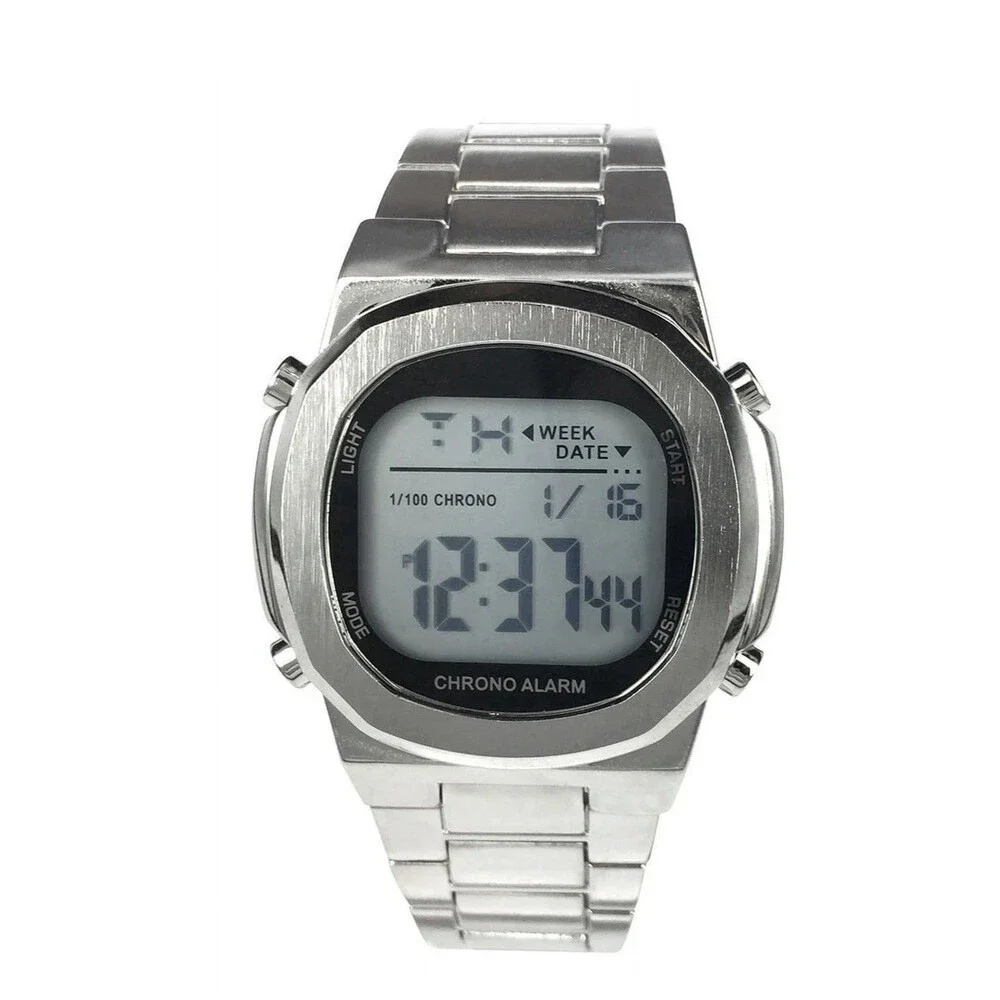 George Mens Digital Silver-Plated Watch-Alarm,Stopwatch,Backlight-New In Box